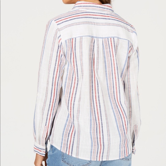 Charter Club Striped Button-Front Roll-Tab-Sleeve - Picture 2 of 3